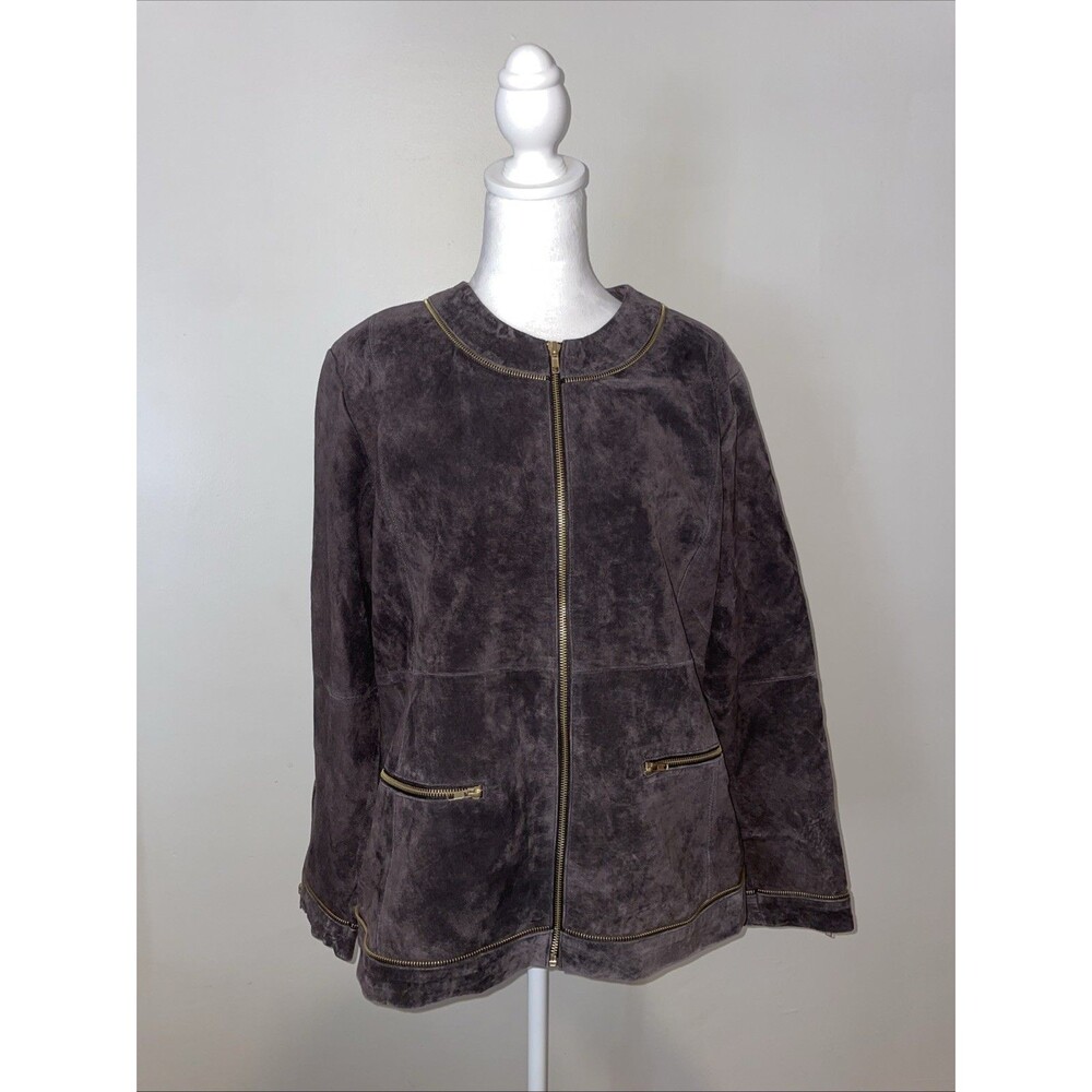 Linea by Louis DellOlio Jacket L Brown Sueded Leather Moto Gold Zip Womens